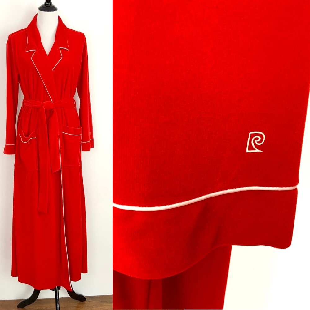 Vintage 80s Pierre Cardin Red Maxi Robe With White Piping Sz M - Picture 7 of 16